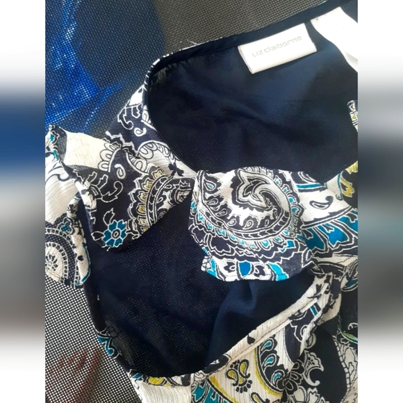 Liz Claiborne Black Blue Ruffle Paisley Cap Sleev Casual Dress Blouse Sz 6 Small - Picture 5 of 11